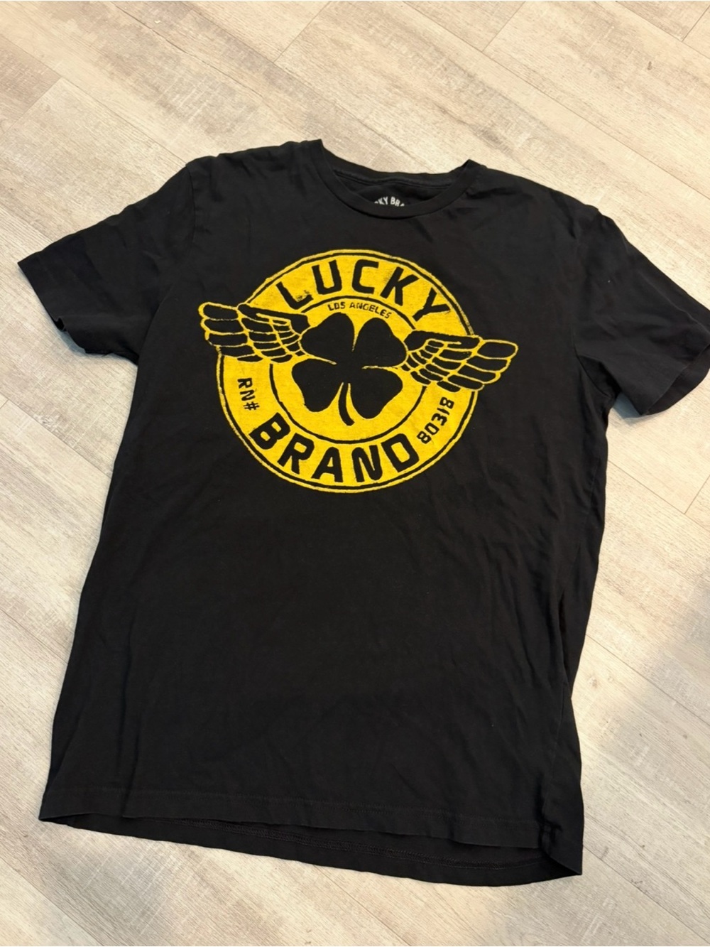 Lucky Brand Black T-Shirt with Yellow Graphic Logo